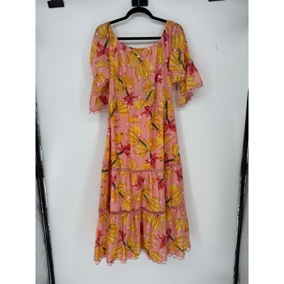 Farm Rio Midi Dress Banana Taste Off The Shoulder Pink Yellow nwt Size Small S - Picture 7 of 9